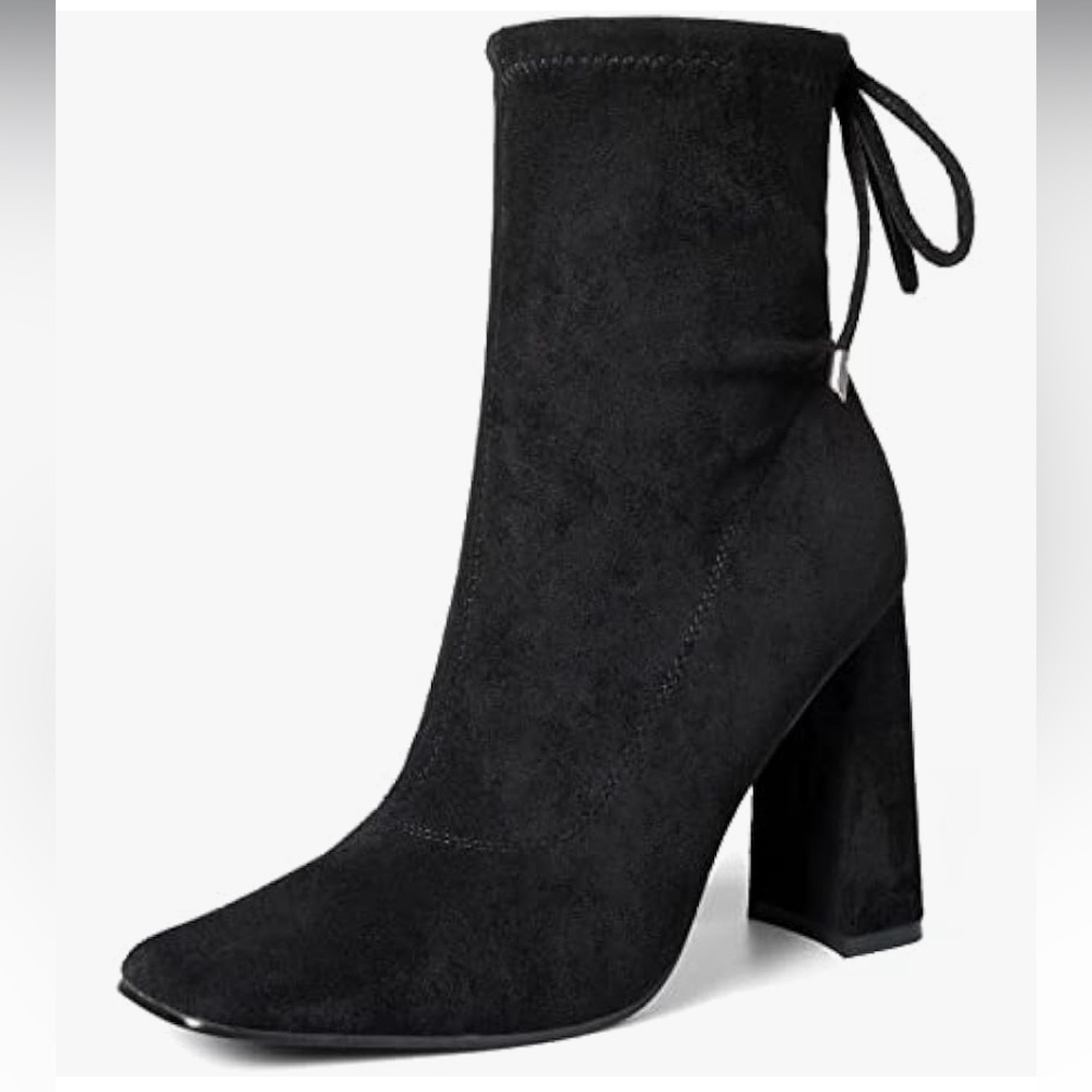 Ankle Boots Square Toe Chunky Block High Heel Mid Calf Lace Up Booties. Size 6